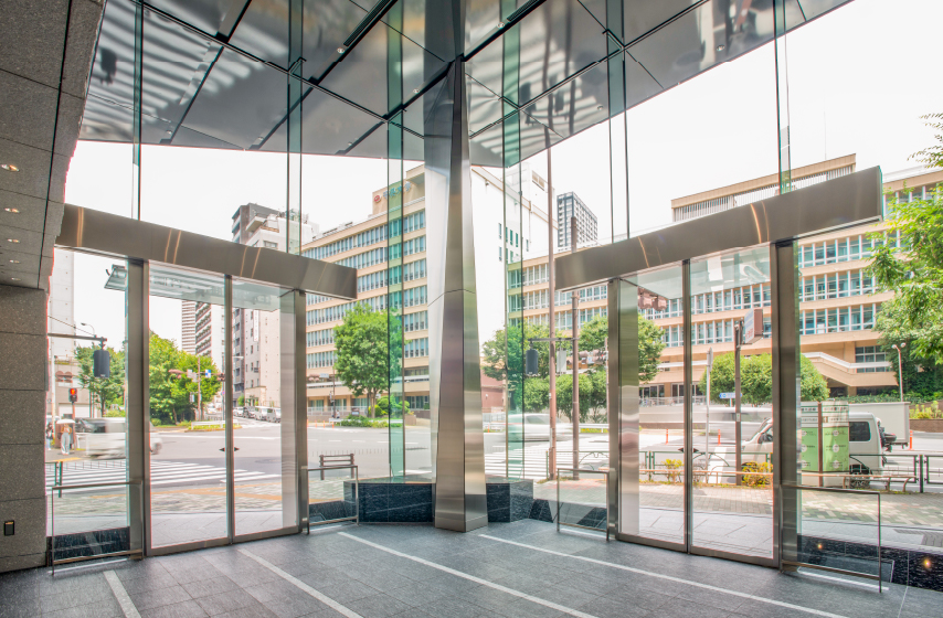 Column cover, Automatic sliding door frame, Glass façade frame, Fixed windows: Stainless steel, hairline finish